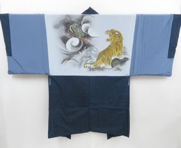 Photo1: 4019T13z700 Vintage Japanese Kimono Silk Men's HAORI Tiger Navy (1)