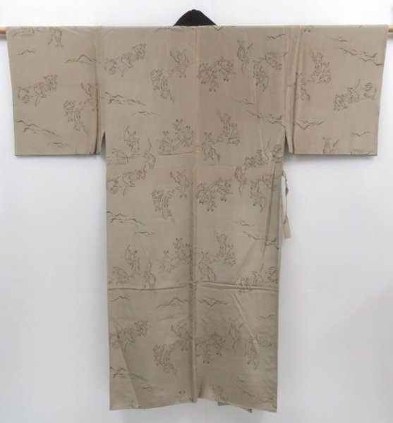 Photo1: 4023T12z500 Vintage Japanese Kimono Silk Men's JUBAN Chojugiga Brown-Gray (1)