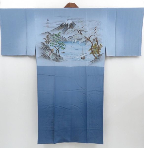 Photo1: 4023T13z520  Japanese Kimono Silk Men's JUBAN Mt.Fuji Dull light blue (1)