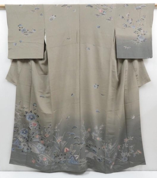 Photo1: 4025T11z1150  Japanese Kimono Crepe Silk TSUKESAGE Light brown-gray (1)