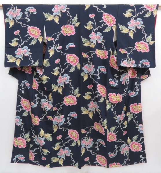 Photo1: 4026T03z990 Vintage Japanese Kimono Silk KOMON Flower Dark navy (1)