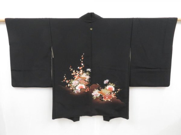 Photo1: 4108T13z590 Vintage Japanese Kimono Silk HAORI Flowers Black (1)