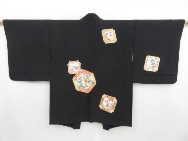 Photo1: 4110T04z590 Vintage Japanese Kimono Silk HAORI Flower Black (1)