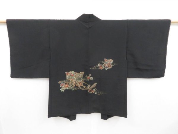 Photo1: 4110T09z590 Vintage Japanese Kimono Silk HAORI Royal cart Black (1)