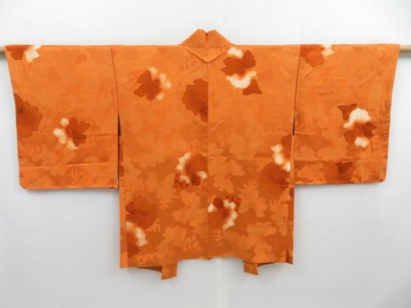 Photo1: 4113T03z530 Vintage Japanese Kimono Silk HAORI Flower Dark orange (1)