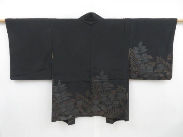 Photo1: 4113T13z520 Vintage Japanese Kimono Silk HAORI Leaf Black (1)