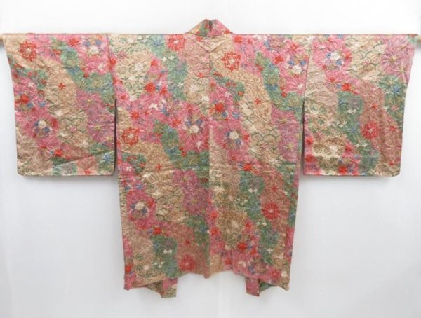 Photo1: 4113T14z670 Vintage Japanese Kimono Silk HAORI Flowers Dark pink (1)