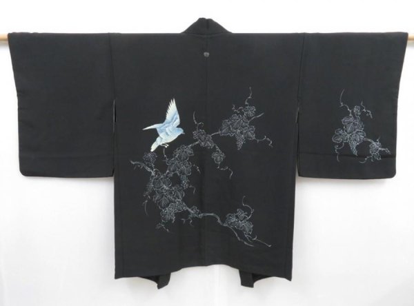 Photo1: 4114T02z580 Vintage Japanese Kimono Silk HAORI Bird Black (1)