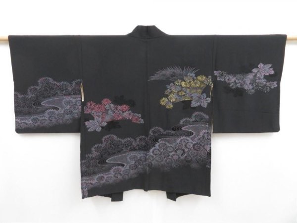 Photo1: 4114T05z550 Vintage Japanese Kimono Silk HAORI Chrysanthemum Black (1)