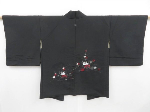 Photo1: 4114T07z550 Vintage Japanese Kimono Silk HAORI Flowers Black (1)