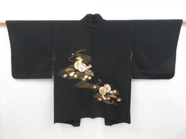 Photo1: 4115T02z560 Vintage Japanese Kimono Silk HAORI Hand drum Black (1)