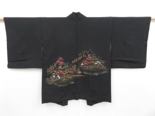 Photo1: 4115T07z500 Vintage Japanese Kimono Silk HAORI Trees Black (1)