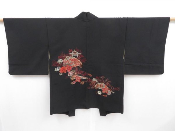 Photo1: 4115T10z520 Vintage Japanese Kimono Silk HAORI Folding fan Black (1)