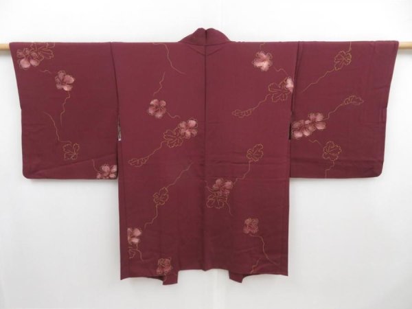 Photo1: 4115T11z530 Vintage Japanese Kimono Silk HAORI Leaf Dark grape (1)