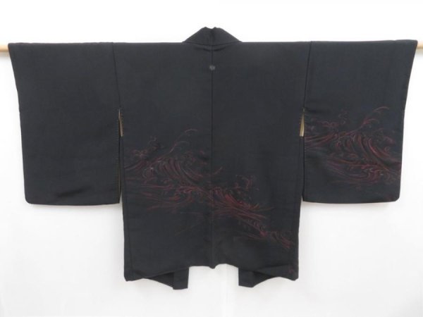 Photo1: 4117T02z550 Vintage Japanese Kimono Silk HAORI Wave Black (1)