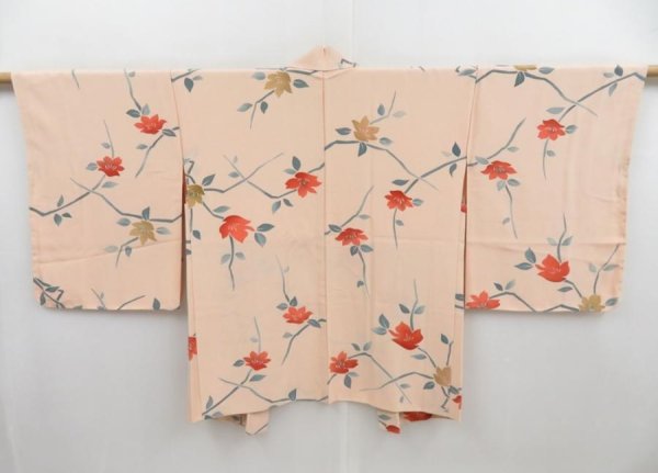 Photo1: 4117T03z560 Vintage Japanese Kimono Silk HAORI Flower Light peach (1)