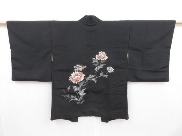 Photo1: 4117T05z540 Vintage Japanese Kimono Silk HAORI Flower Black (1)