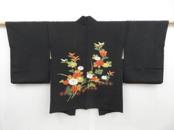 Photo1: 4117T07z530 Vintage Japanese Kimono Silk HAORI Chrysanthemum Black (1)