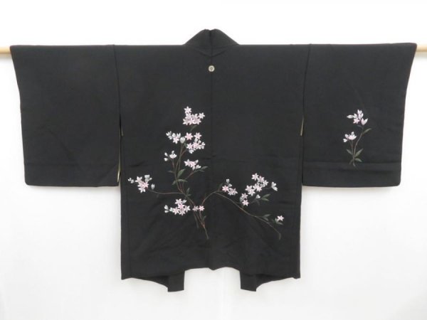 Photo1: 4118T02z540 Vintage Japanese Kimono Silk HAORI Embroidery Black (1)