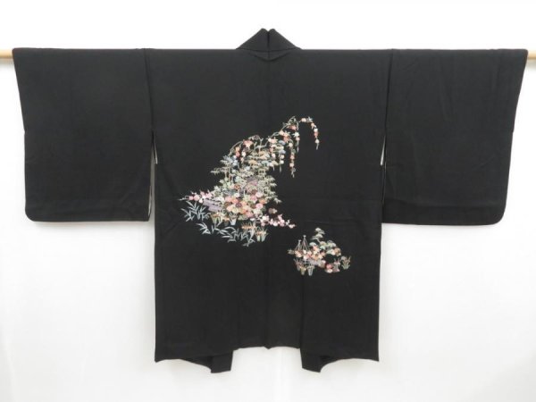 Photo1: 4118T07z570 Vintage Japanese Kimono Silk HAORI Embroidery Black (1)