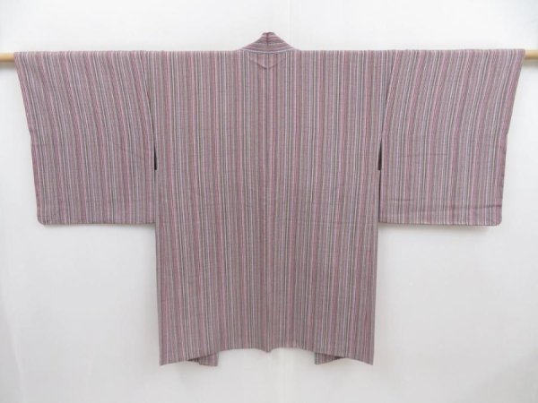 Photo1: 4118T11z610 Vintage Japanese Kimono Silk HAORI Stripe Light gray (1)