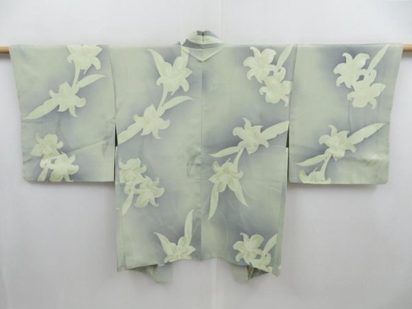 Photo1: 4118T14z540 Vintage Japanese Kimono Silk HAORI Lily Light green (1)