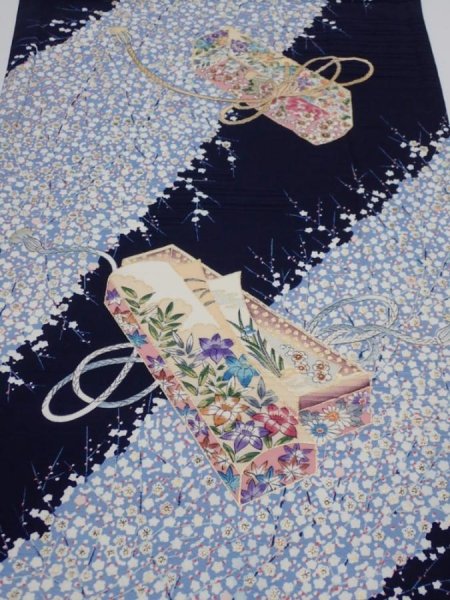 Photo1: 2i02z70  Japanese Kimono Silk  FABRIC Letter box Dark navy 47.2x14.2 (1)