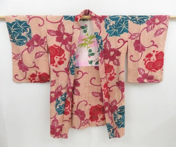 Photo1: 4120T08z630 Vintage Japanese Kimono Silk HAORI Plum blossom Peach (1)