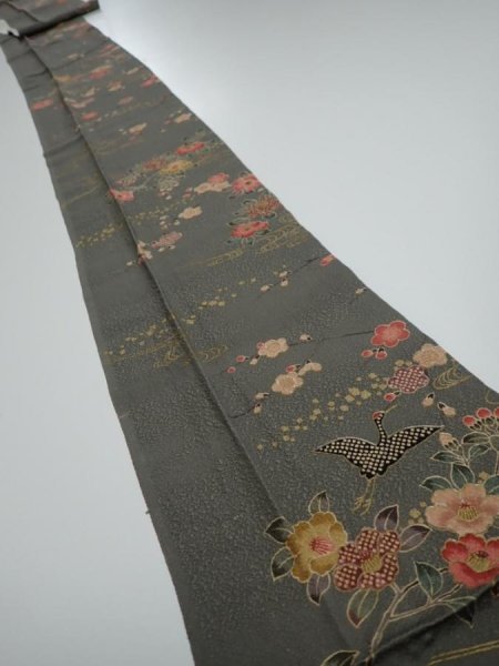 Photo1: 2i09z60  Japanese Kimono Silk  FABRIC Plum branch Green-Gray 81.9x7.1 (1)