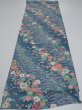 Photo5: 2Q01z60  Japanese Kimono Silk  FABRIC Flowers Blue-Gray 43.3x14.4 (5)