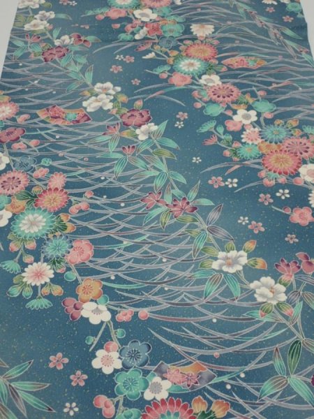 Photo1: 2Q02z60  Japanese Kimono Silk  FABRIC Flowers Blue-Gray 43.3x14.6 (1)