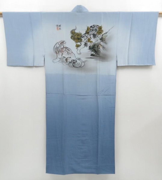 Photo1: 4124T07z460 Vintage Japanese Kimono Silk Men's JUBAN Shishi Steel blue (1)