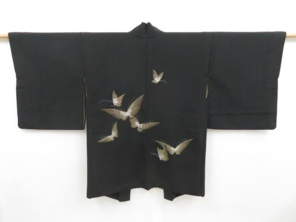 Photo1: 4124T10z500 Vintage Japanese Kimono Silk HAORI Butterfly Black (1)