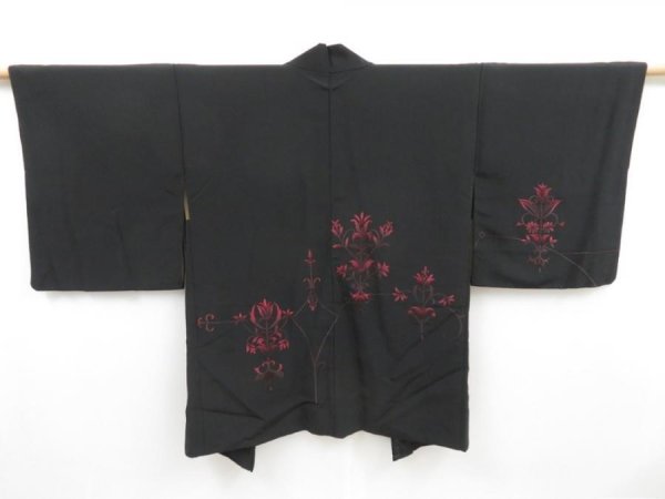 Photo1: 4124T14z610 Vintage Japanese Kimono Silk HAORI Embro Flower Black (1)