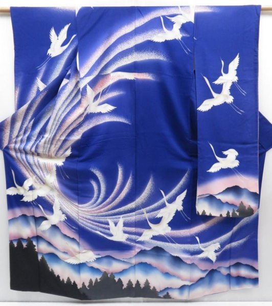 Photo1: 4128T02z1280  Japanese Kimono Silk FURISODE Flying crane Dark lavender blue (1)