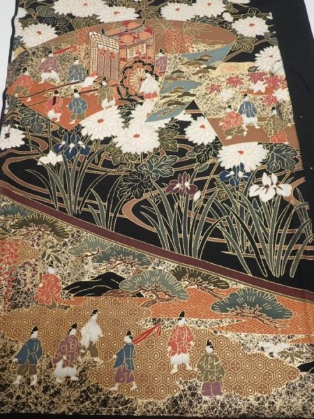 Photo1: 4C03z100  Japanese Kimono Silk  FABRIC Heian noble Black 66.9x14.8 (1)