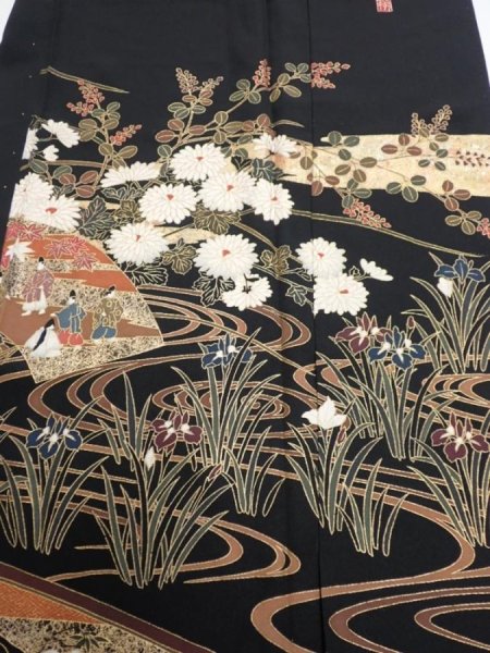 Photo1: 4C04z140  Japanese Kimono Silk  FABRIC Heian noble Black 61.0x18.7 (1)