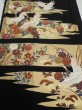 Photo1: 4E01z150  Japanese Kimono Silk  FABRIC Crane, Flowers Black 56.7x18.9 (1)