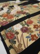 Photo2: 4E01z150  Japanese Kimono Silk  FABRIC Crane, Flowers Black 56.7x18.9 (2)