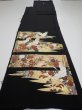 Photo5: 4E01z150  Japanese Kimono Silk  FABRIC Crane, Flowers Black 56.7x18.9 (5)