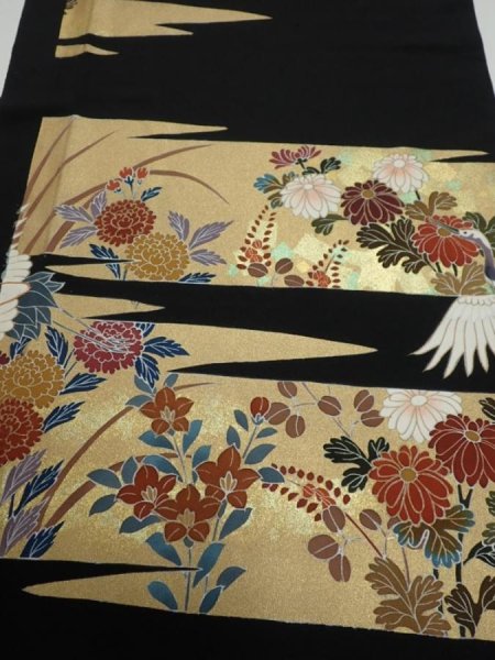 Photo1: 4E02z100  Japanese Kimono Silk  FABRIC Crane, Flowers Black 68.5x14.6 (1)