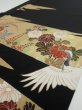 Photo3: 4E02z100  Japanese Kimono Silk  FABRIC Crane, Flowers Black 68.5x14.6 (3)