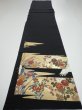 Photo5: 4E02z100  Japanese Kimono Silk  FABRIC Crane, Flowers Black 68.5x14.6 (5)