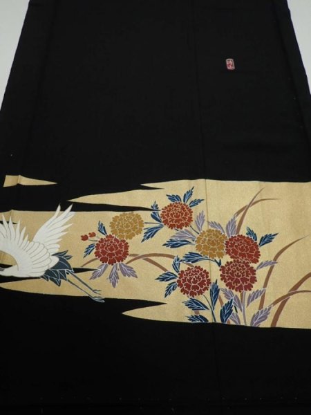 Photo1: 4E04z140  Japanese Kimono Silk  FABRIC Crane, Flowers Black 56.7x18.9 (1)