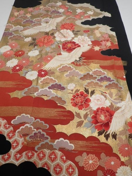 Photo1: 4F01z150  Japanese Kimono Silk  FABRIC Crane, Flowers Black 61.4x18.1 (1)