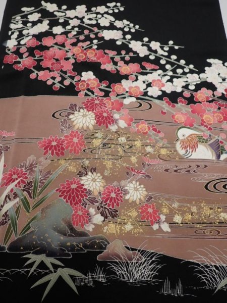 Photo1: 4F02z100  Japanese Kimono Silk  FABRIC Mandarin duck Black 67.7x14.6 (1)