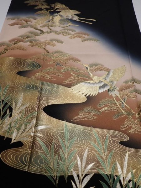 Photo1: 4G01z160  Japanese Kimono Silk  FABRIC Crane, Stream Black 63.8x18.7 (1)