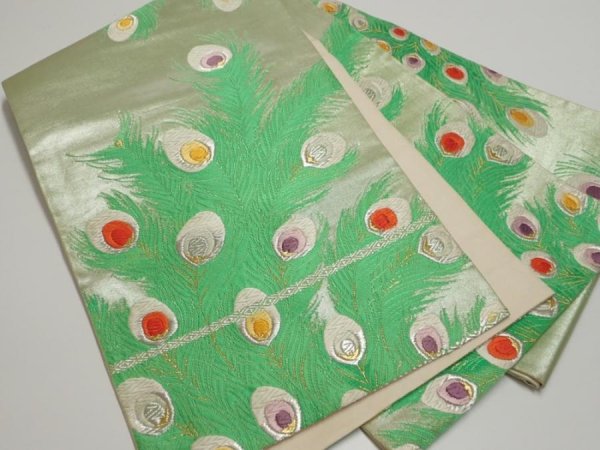 Photo1: 4206i01z1100 Vintage Japanese Kimono Silk FUKURO OBI Peacock feather 163.8x12.0 (1)