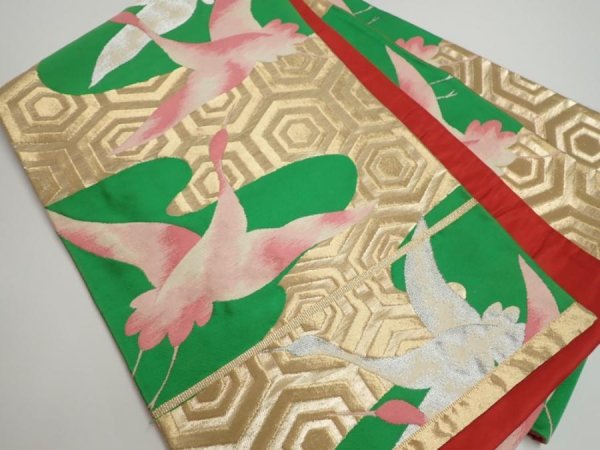 Photo1: 4206i03z800 Vintage Japanese Kimono Silk FUKURO OBI Crane Gold 162.2x12.2 (1)