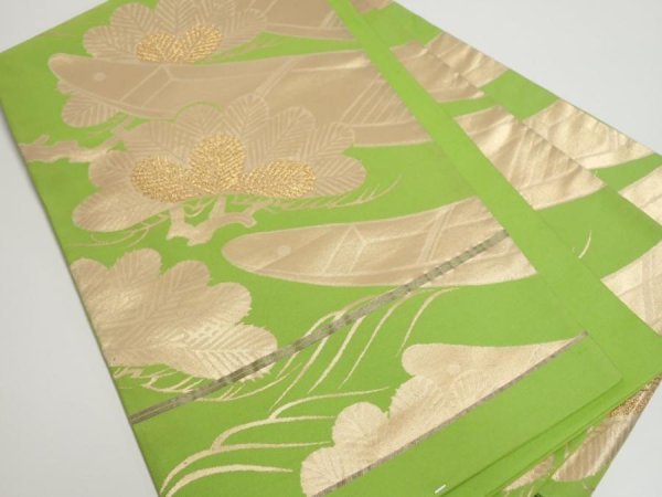 Photo1: 4206i05z710 Vintage Japanese Kimono Silk FUKURO OBI Boat Light green 166.9x11.9 (1)